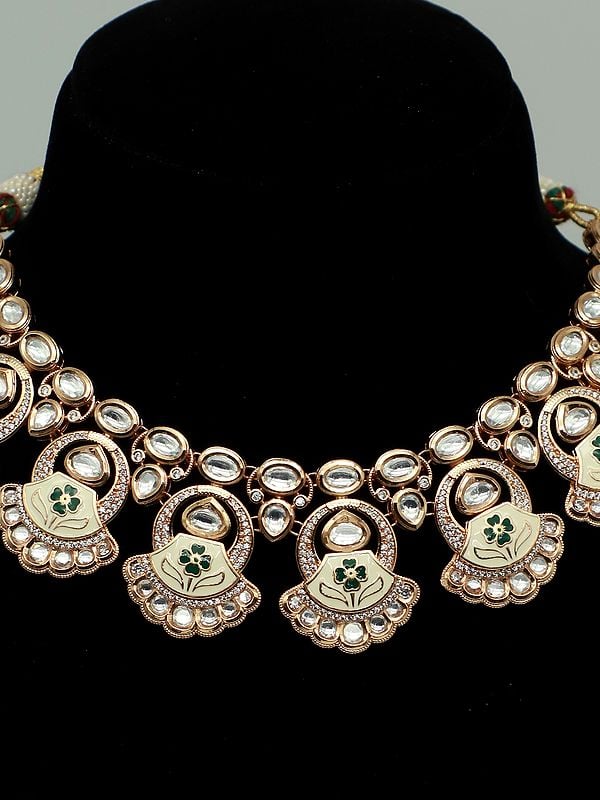 Exotic India Floral Design Meenakari Necklace Set With Studded Kundan And Earrings