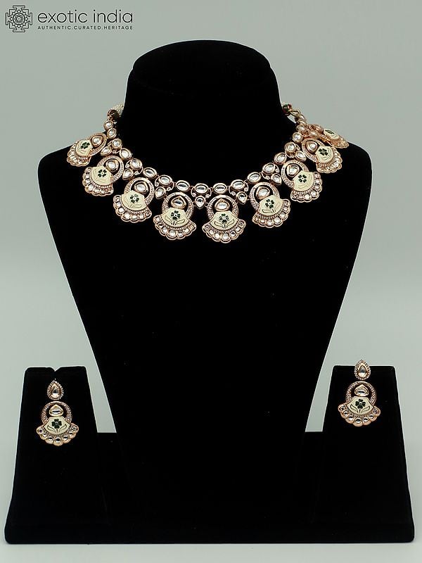 exotic india Floral Design Meenakari Necklace Set With Studded Kundan And Earrings 