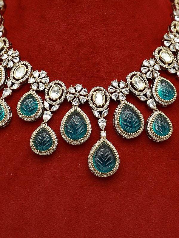 Exotic India Floral Design Moissanite Kundan With Carbon Stone Elegant Necklace Set With Earrings