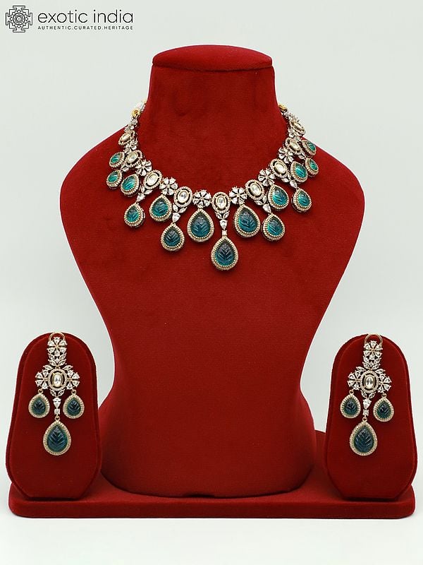exotic india Floral Design Moissanite Kundan With Carbon Stone Elegant Necklace Set With Earrings 