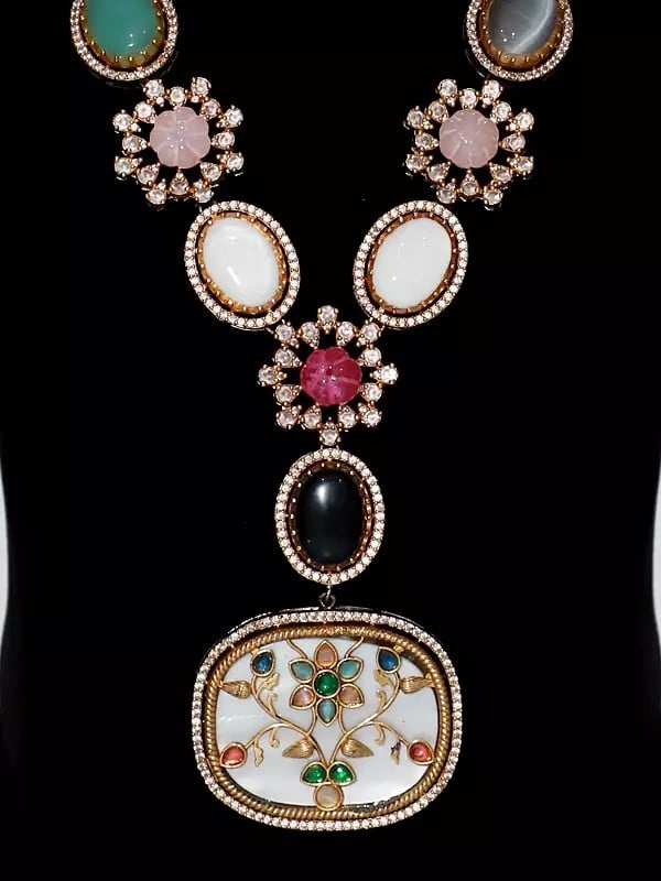 Exotic India Floral Design MOP Stone Studded Embellished Long Necklace Set With Earrings
