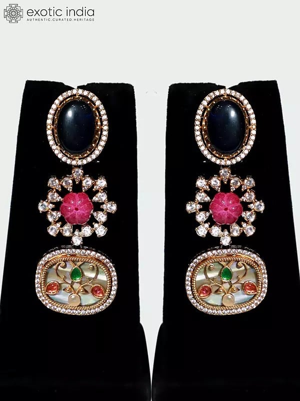 Exotic India Floral Design MOP Stone Studded Embellished Long Necklace Set With Earrings