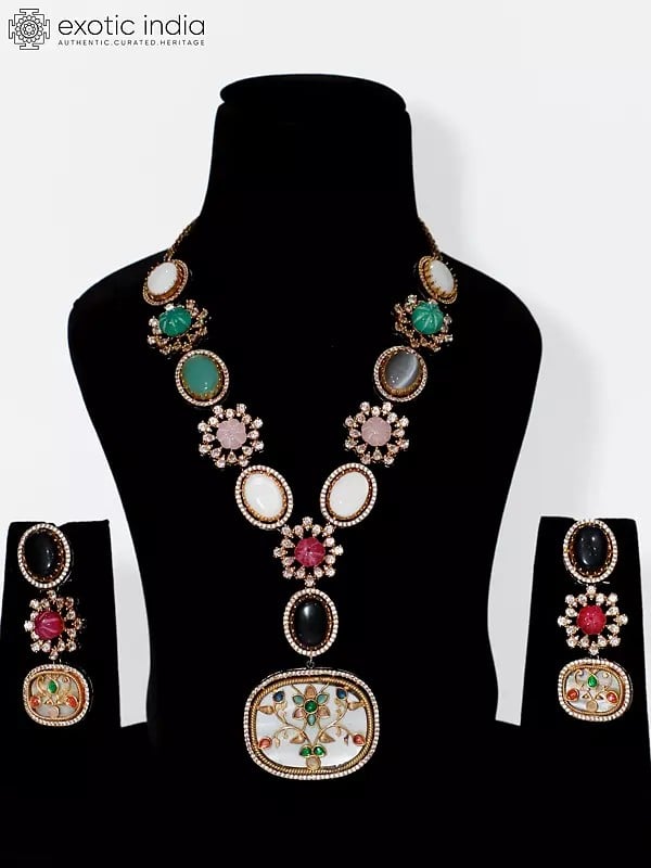 exotic india Floral Design MOP Stone Studded Embellished Long Necklace Set With Earrings 