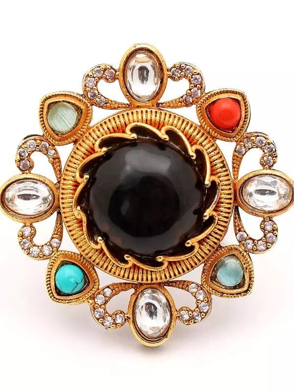 Exotic India Floral Design Multi Stone Studded Adjustable Ring 
