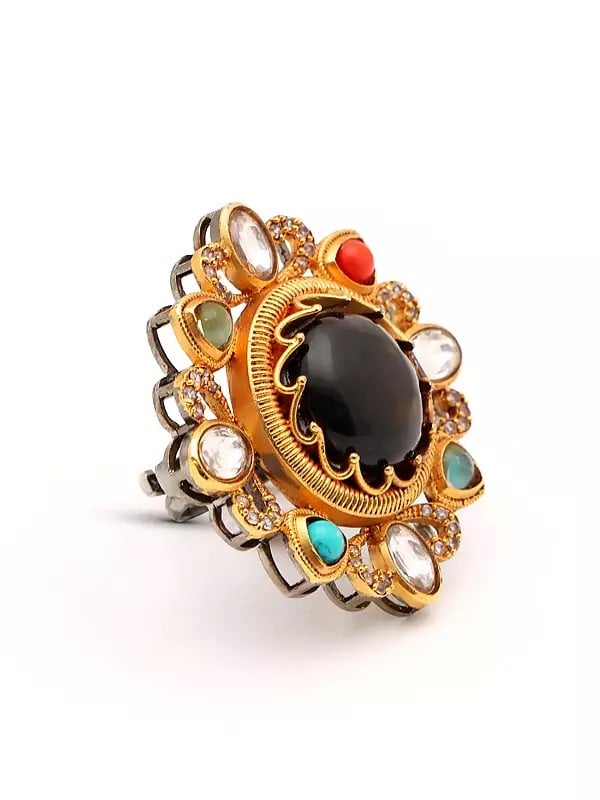 Exotic India Floral Design Multi Stone Studded Adjustable Ring 