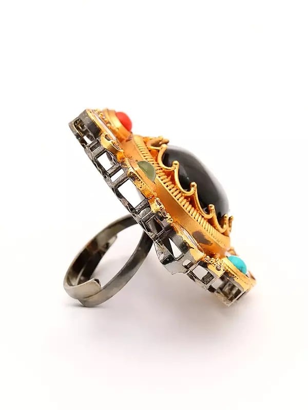 Exotic India Floral Design Multi Stone Studded Adjustable Ring 