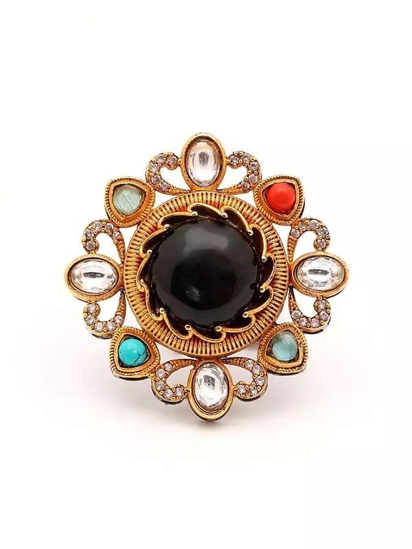 exotic india Floral Design Multi Stone Studded Adjustable Ring 