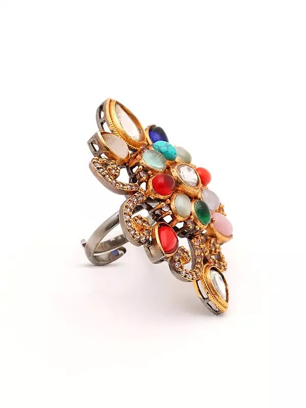 Exotic India Floral Design Multicolor Stone Studded Adjustable Ring 