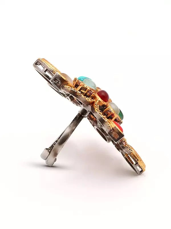 Exotic India Floral Design Multicolor Stone Studded Adjustable Ring 