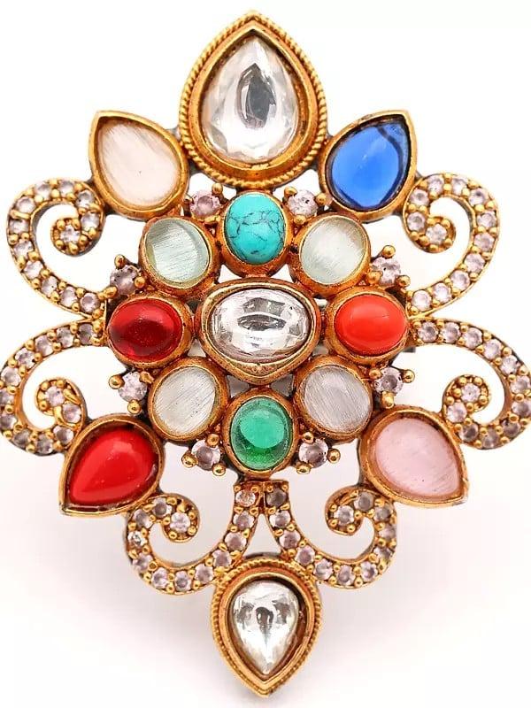 Exotic India Floral Design Multicolor Stone Studded Adjustable Ring 