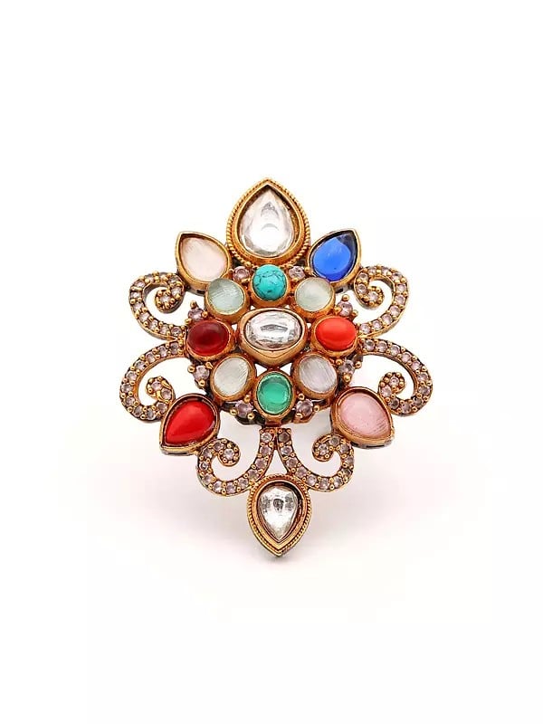 exotic india Floral Design Multicolor Stone Studded Adjustable Ring 