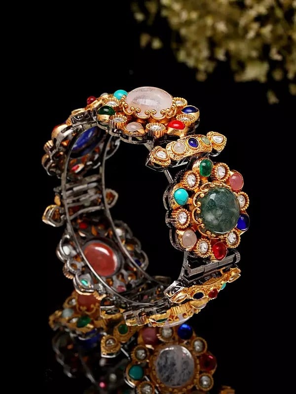 exotic india Floral Design Multicolor Stone Studded Openable Bangle