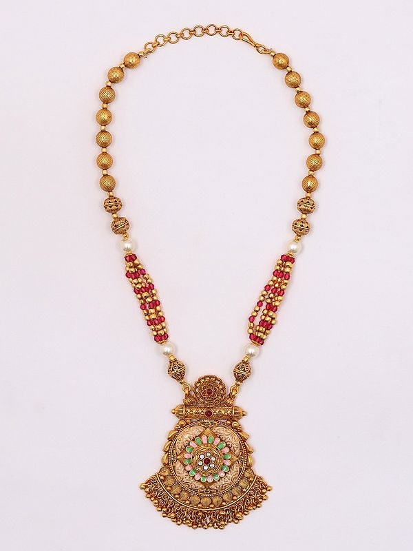 Exotic India Floral Design Necklace And Earrings Set With Beads 