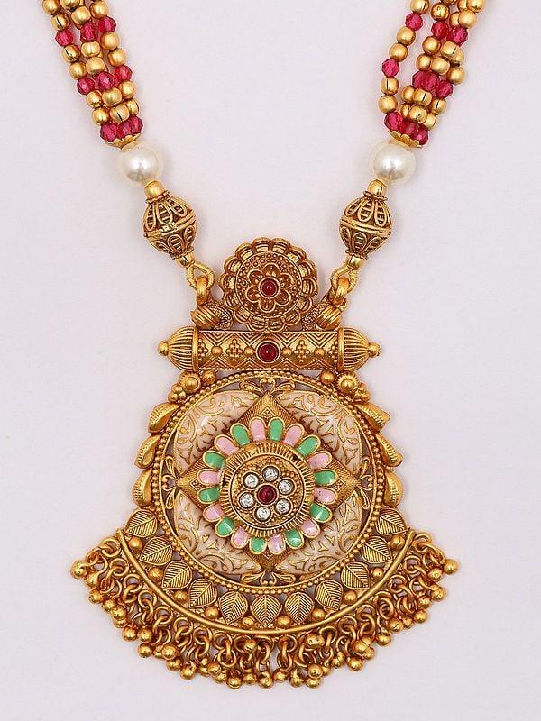 Exotic India Floral Design Necklace And Earrings Set With Beads 