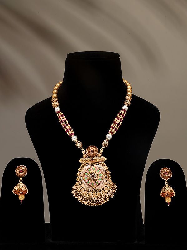 exotic india Floral Design Necklace and Earrings Set with Beads 