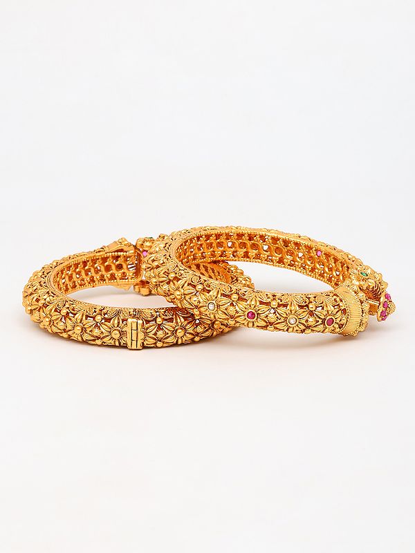 Exotic India Floral Design Openable Kada Bangles With Studded Stone