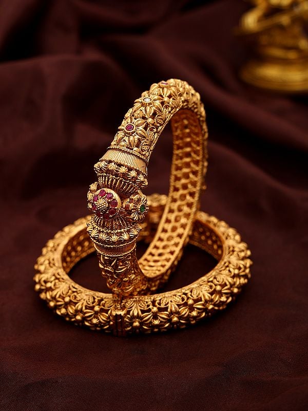 exotic india Floral Design Openable Kada Bangles with Studded Stone