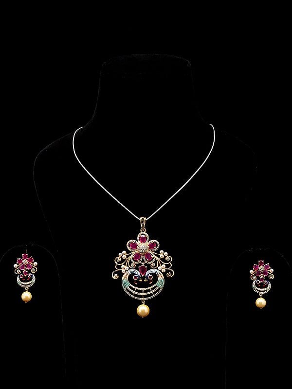 Exotic India Floral Design Pendant And Earrings Set 