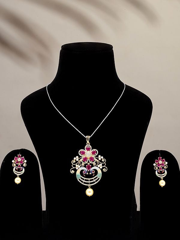 exotic india Floral Design Pendant and Earrings Set 
