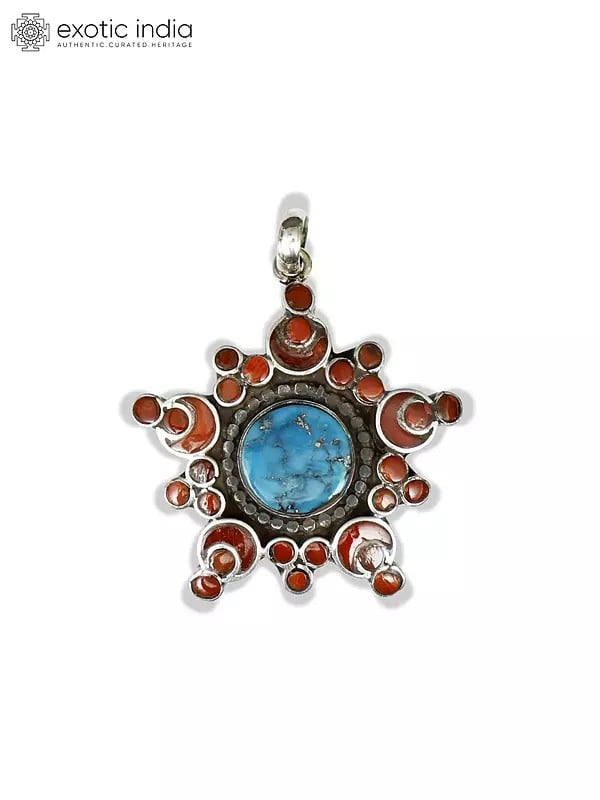 Exotic India Floral Design Pendant With Turquoise And Coral