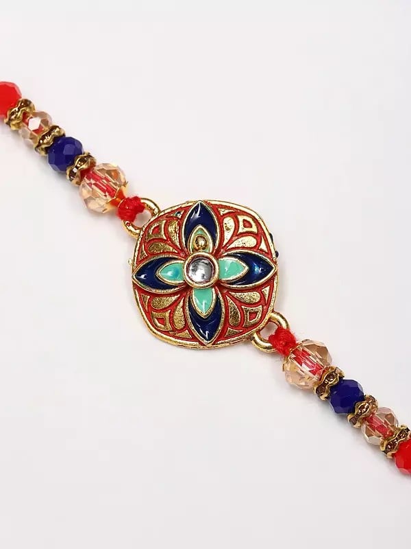 Exotic India Floral Design Rakhi With Beaded Adjustable Bracelet 