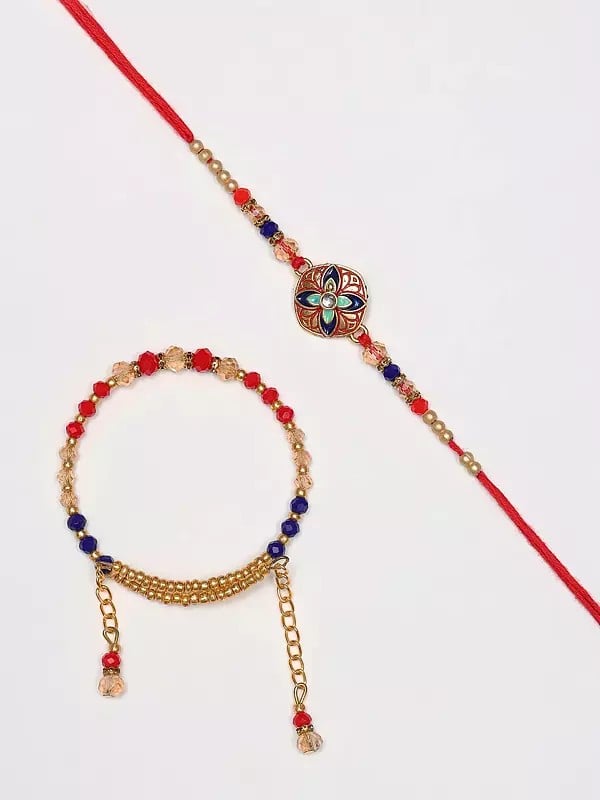 exotic india Floral Design Rakhi with Beaded Adjustable Bracelet 