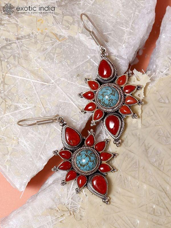 Exotic India Floral Design Sterling Silver Earrings With Coral And Tibetan Turquoise 
