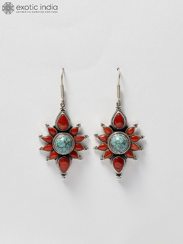 exotic india Floral Design Sterling Silver Earrings with Coral and Tibetan Turquoise 