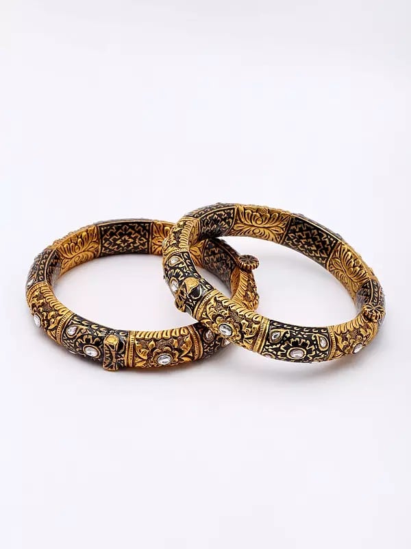 exotic india Floral Design Sterling Silver Openable Bangles (Set of 2) 