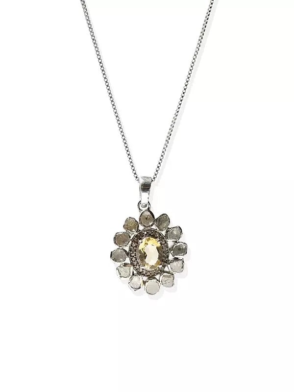 Exotic India Floral Design Sterling Silver Pendant With Citrine Gemstone 