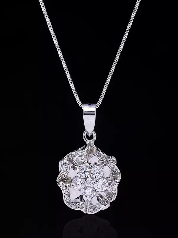Exotic India Floral Design Sterling Silver Pendant With Gemstones 