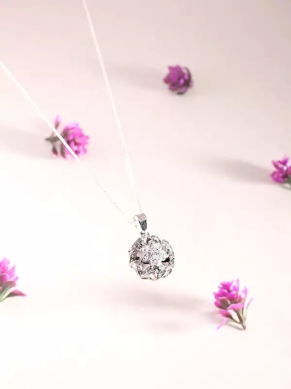 Exotic India Floral Design Sterling Silver Pendant With Gemstones 