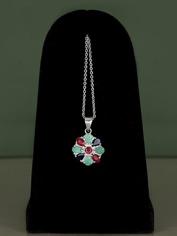 exotic india Floral Design Sterling Silver Pendant with Multiple Gemstone