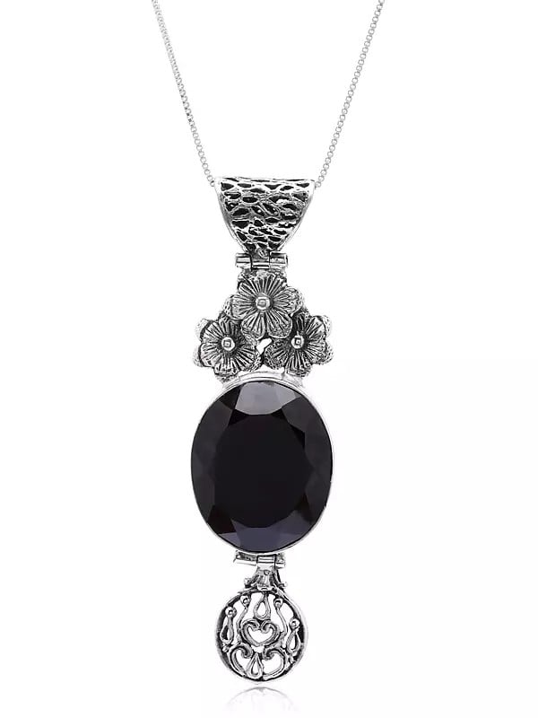 Exotic India Floral Design Sterling Silver Pendant With Oval Smoky Quartz Gemstone 
