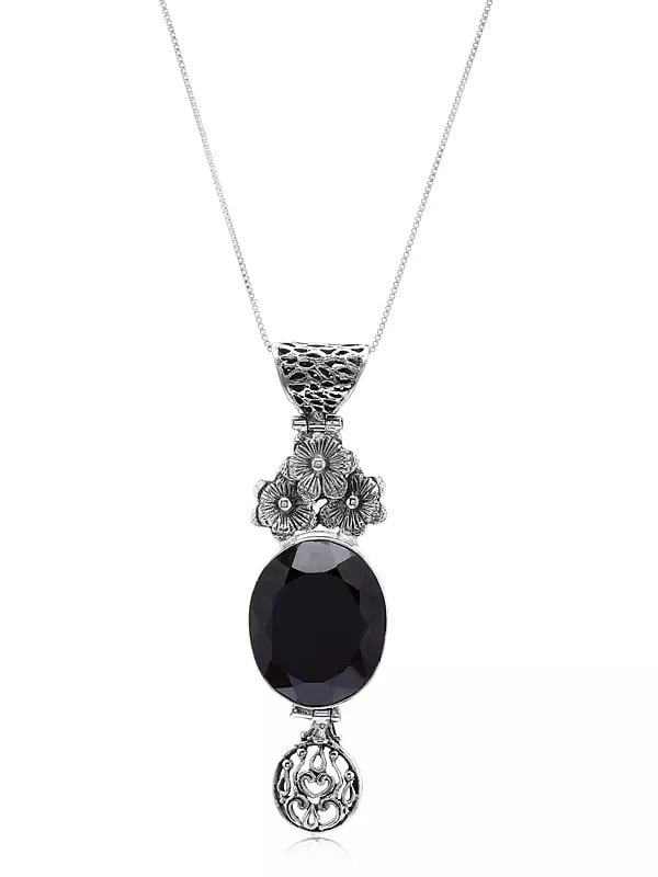 exotic india Floral Design Sterling Silver Pendant with Oval Smoky Quartz Gemstone 