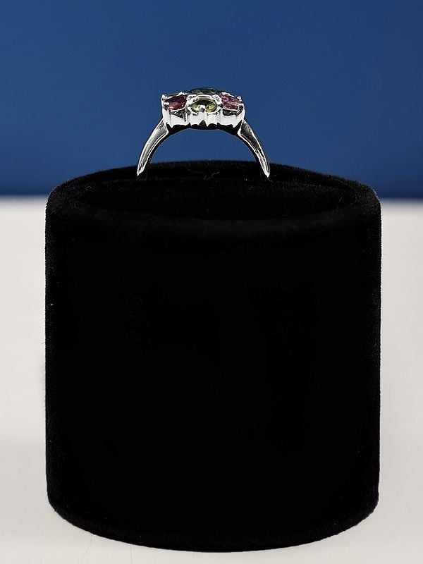 Exotic India Floral Design Sterling Silver Ring With Multiple Stone 