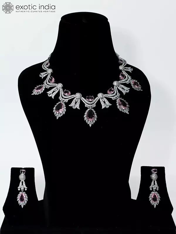 exotic india Floral Design Stone Studded American Diamond Necklace Set With Earrings 