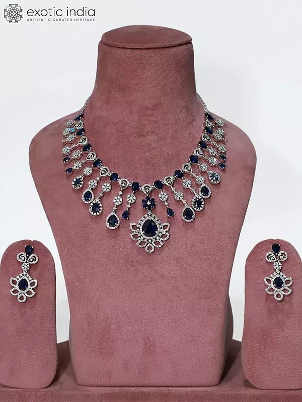 exotic india Floral Design Stone Studded American Diamond Necklace Set With Earrings 