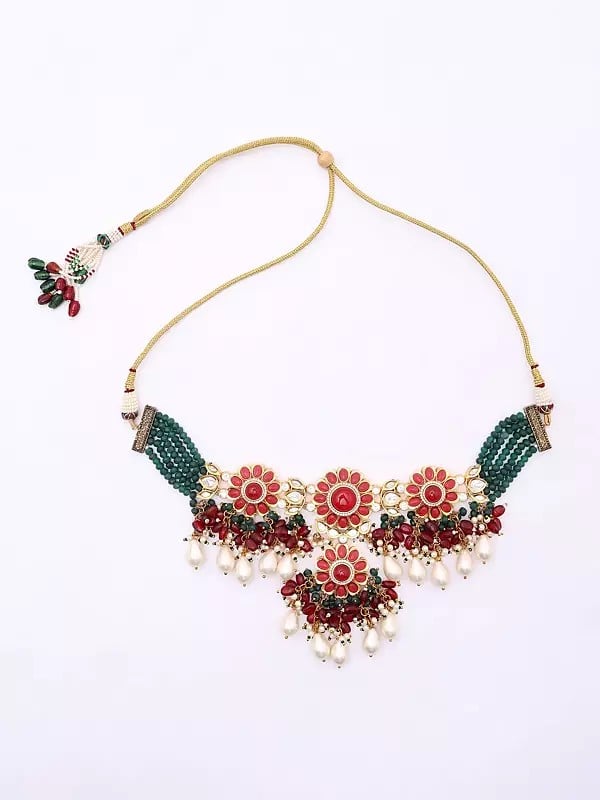 Exotic India Floral Design Stone Studded And Beaded Choker And Earrings Set With Ring 