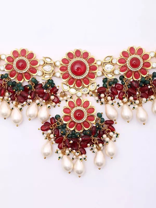 Exotic India Floral Design Stone Studded And Beaded Choker And Earrings Set With Ring 