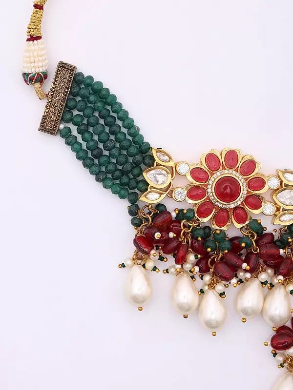 Exotic India Floral Design Stone Studded And Beaded Choker And Earrings Set With Ring 