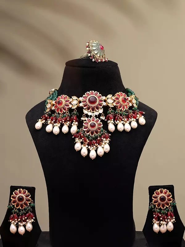 exotic india Floral Design Stone Studded and Beaded Choker and Earrings Set with Ring 
