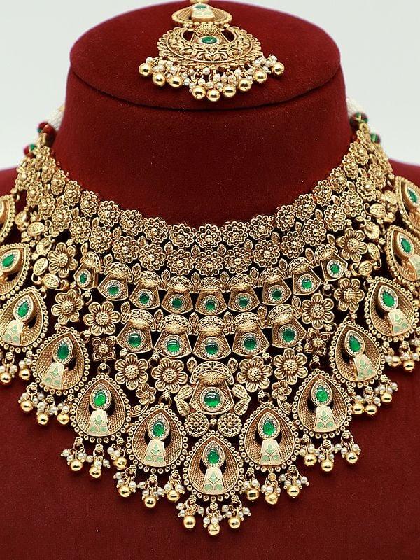 Exotic India Floral Design Stone Studded And Beaded Choker Necklace With Matching Earrings And Mangtika