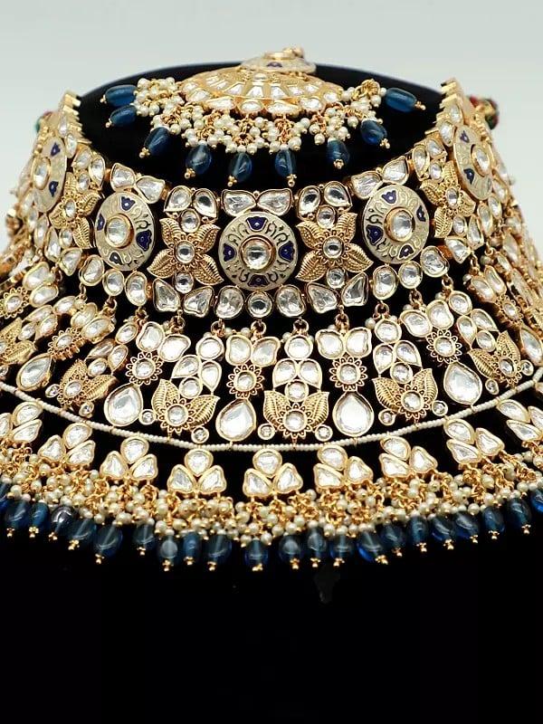 Exotic India Floral Design Stone Studded And Beaded Choker Necklace With Matching Earrings And Mangtika