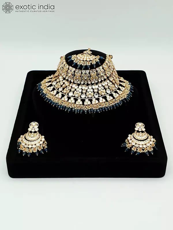 exotic india Floral Design Stone Studded And Beaded Choker Necklace With Matching Earrings And Mangtika 