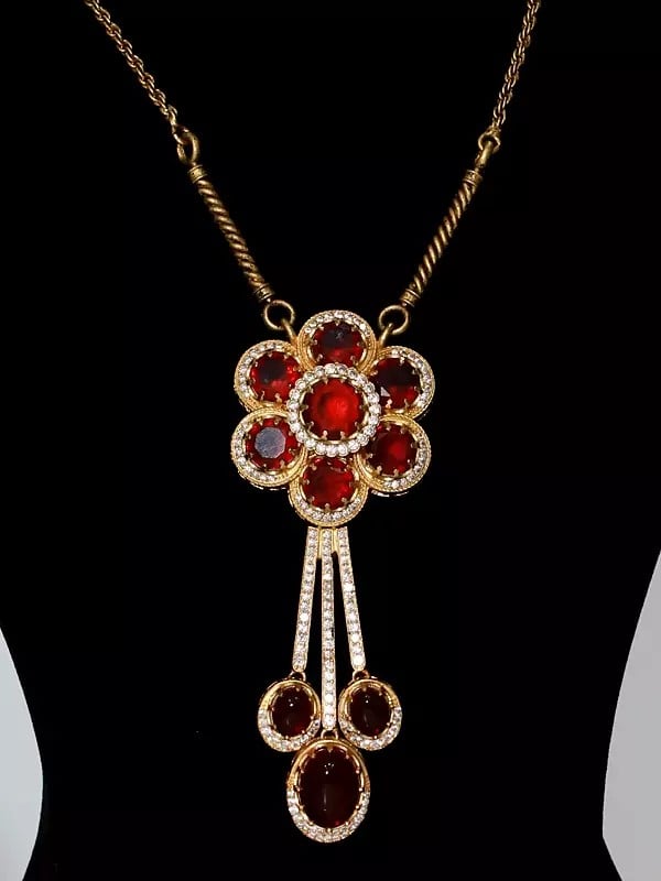 Exotic India Floral Design Stone Studded Jewelry Set With Earrings