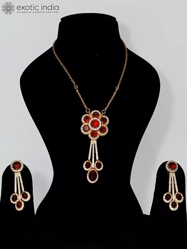 exotic india Floral Design Stone Studded Jewelry Set With Earrings