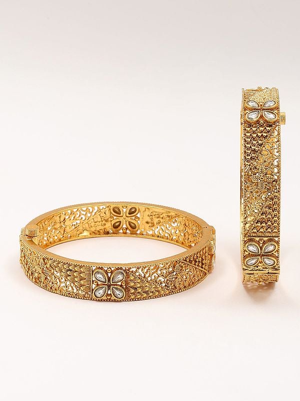Exotic India Floral Design Stone Studded Openable Pair Of Bangles