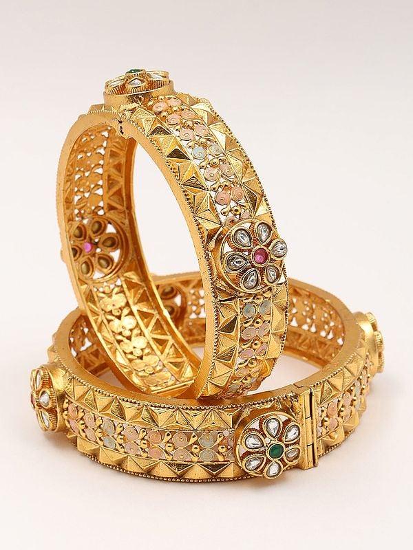 Exotic India Floral Design Stone Studded Openable Pair Of Bangles