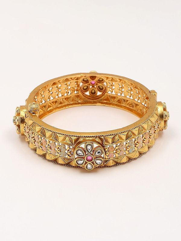 Exotic India Floral Design Stone Studded Openable Pair Of Bangles
